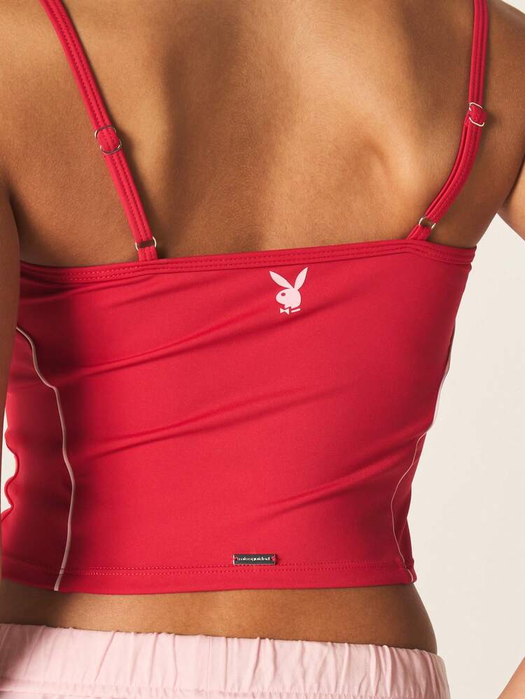 Missguided x Playboy Logo Sleeveless Tank Top With White Contrast Piping Athletic Crop Top For Spring Summer Fitness Active Lifestyle