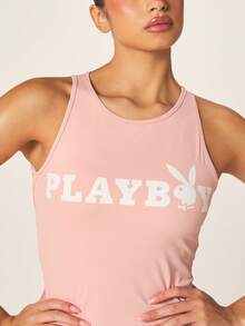 Missguided x Playboy Logo Cut Out Back Athletic Jumpsuit With Racerback Design Short Romper For Summer Activewear Casual Outfits - Pink - View 3