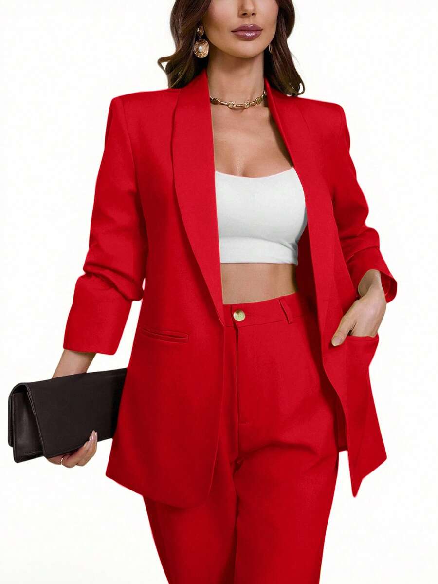 Aveloria Modichic Áo blazer cổ ve lật màu trơn, kiểu dáng thường ngày, thích hợp cho mùa xuân/thu. - Đỏ - Xem 1