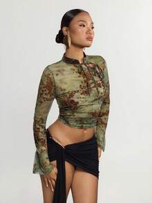 SHEIN ICON 复古网纱植绒透视露肩喇叭袖女式上衣 - 墨綠色 - 查看 4