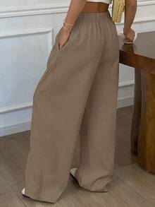 DAZY Women's Loose Straight Leg Pants With Elastic Waist And Drawstring, Casual, Summer - Brown - View 2