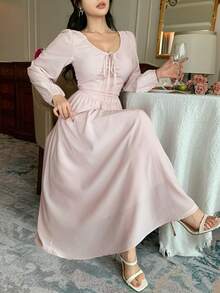 DAZY 法式方领长袖连衣裙，优雅妩媚 - 泡泡糖粉 - 查看 6