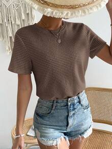 SHEIN Essnce Camiseta Casual Solta de Malha com Gola Redonda e Manga Curta, Cor Sólida, Verão - Marrom Claro - Visão 3