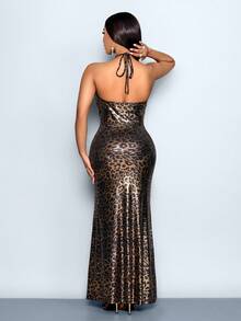 SOLERSUN Fashionable Leopard Print Backless Halter Dress For Party Club Night Black Summer - Black - View 2