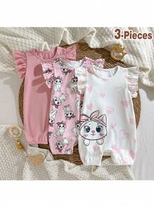 Loomiva 3pcs Baby Girl Cartoon Animal Print Soft Knit Ruffle Collar Sleeveless Romper & Shorts Set - Pink - View 1