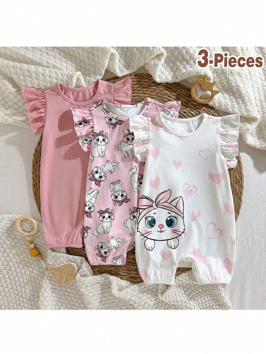 Loomiva 3pcs Baby Girl Cartoon Animal Print Soft Knit Ruffle Collar Sleeveless Romper & Shorts Set - Pink - View 1