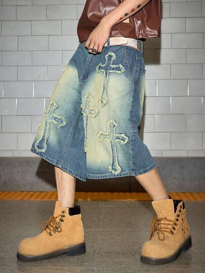ROMWE MEN Street Life Men's Fashion Cross Pattern Belted Distressed Denim Shorts
