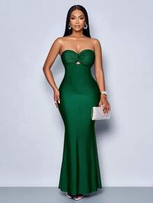 SOLERSUN 优雅通勤婚礼季性感抹胸收腰摆领性感露背女式绿色长款连衣裙 - 墨綠色 - 查看 6