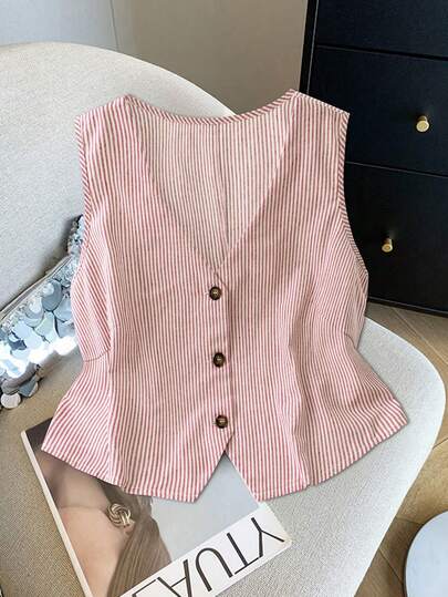 SHEIN LUNE Camisa de vestir casual de mujer talla grande con cuello en V a rayas y abotonadura sencilla, blusas de verano sin mangas, chalecos de punto, blusas de oficina a rayas, chalecos abotonados de algodón, blusas de algodón para mujer, blusas casuales y elegantes, últimas blusas de verano para mujer