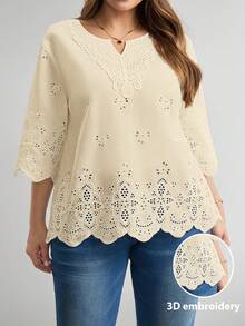 Comfylo 大码女式镂空刺绣V领七分袖衬衫 - 杏色 - 查看 3