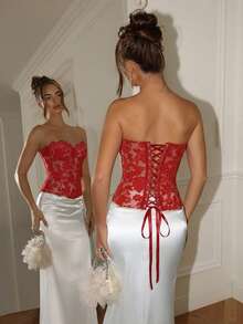 Glamine Charm Women's Elegant Floral Embroidered Mesh Tube Top, Summer Corset Top Red Lace Bustier Top Strapless Lace Top - Red - View 2