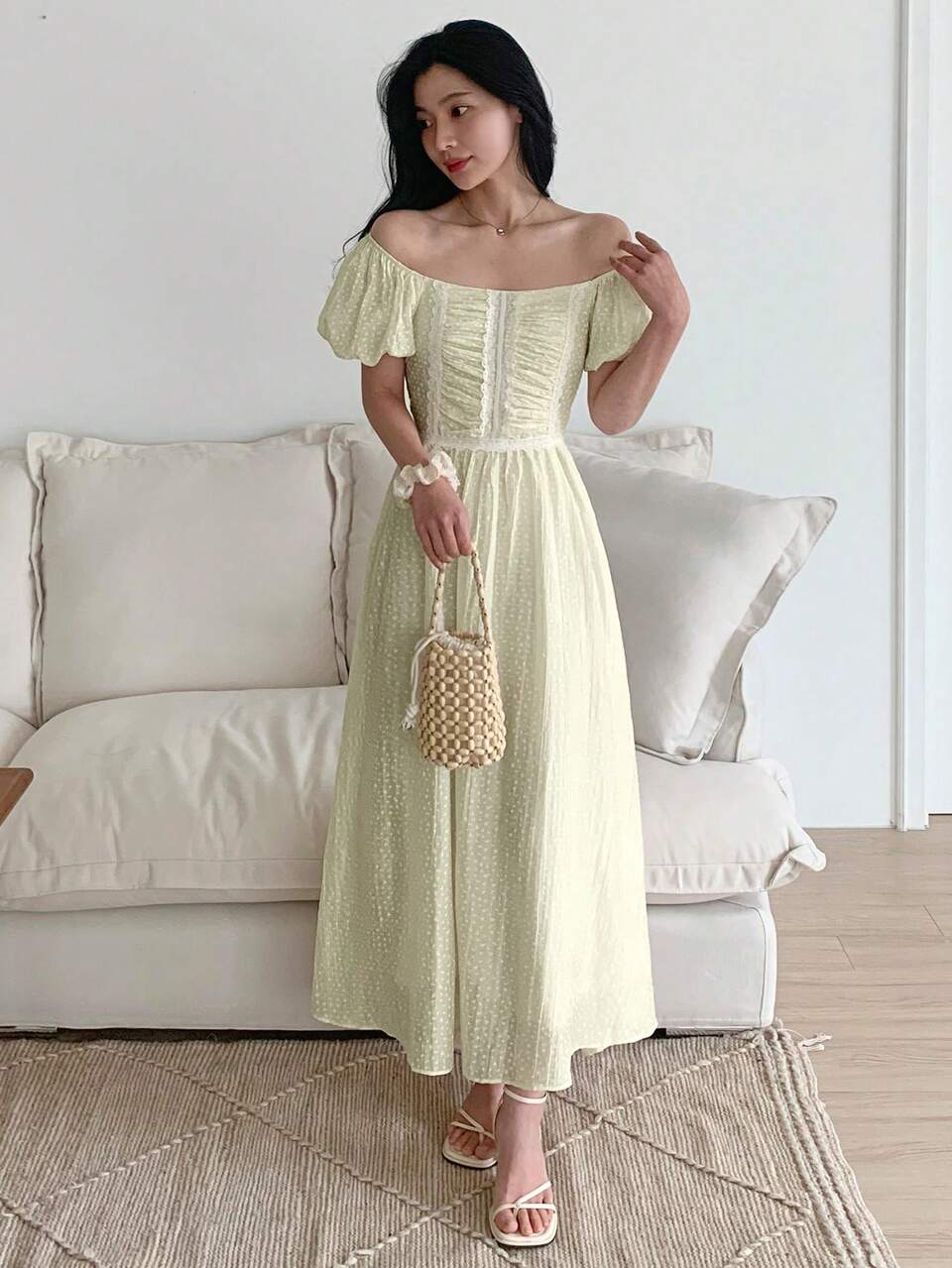 Women's Ditsy Floral Lace Patchwork Midi Dress, Countryside Vacation Style Sundress