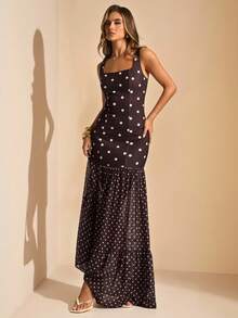 SHEIN BAE Đầm chấm bi nâu bất đối xứng, đầm dài ôm sát xuyên thấu, đầm chấm bi màu cà phê, đầm mùa hè kiểu Maillard, trang phục đại học màu nâu, đầm chấm bi hai dây hở lưng xẻ cao, đầm chấm bi, đầm dài đi biển nghỉ mát - màu nâu - Xem 3