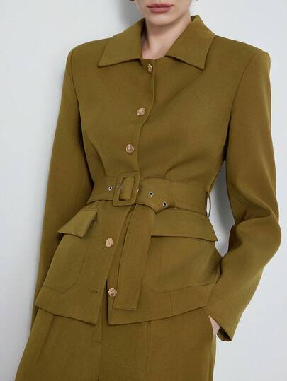 Aveloria Modichic Olive Green Women's Suit Set, Crisp Fabric, Boxy Top + Wide-Leg Pants, Metal Buttons, Belt, Lapel, Large Pockets, Fusion Of Cargo Style And Urban Minimalist Styles, Power Suit, New Neutral, Quiet Luxury, Functional Chic, Suitable For Workplace Commute, Business Meetings, Formal Dinners, Urban Styling