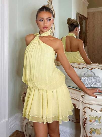 SHEIN Glamour Women's Yellow Chiffon Jacquard Polka Dot Fabric Pleated With Metal Buckle Ruffle Hem Short Dress, Women's Elegant Fashion Resort Party Dress, Women's Light Yellow Dress Pale Yellow Pleated Halter Neck Rhinestone Dress Spring Break Yellow Chiffon Party Romper Easter Brunch Elegant Halter Neck Ruffle Dress Vacation Style Pleated Halter Neck Mini Dress Elegant Halter Neck & Ruffle Hem Silhouette Spring Break Cute Glam Outfit Spring Wedding Guest Sexy Halter Dress Beach Party Pastel Yellow Outfit B