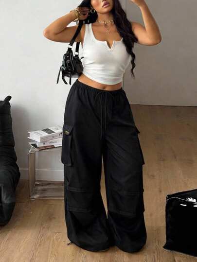SHEIN MOD Plus Size Satin Solid Color Drawstring Waist Casual Wide Leg Cargo Pants,Black Polyester Cargo Pants Elastic Waist Drawstring Design Wide Leg Fit Solid Color Utility Style Lightweight Fabric Spring Autumn Daily Wear Street Wear Women's Pants