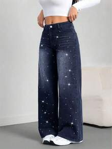 SHEIN Tall Women's Skinny Fit Straight Leg Jeans, Black With Rhinestone Embellishment Glitter Jeans Wide Leg Jeans Woman Rhinestone Jeans Wide Leg Jeans Jeans With Rhinestones - Dark Wash - View 4