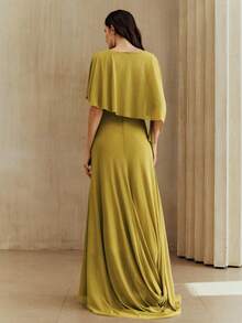 Anewsta Elegante bata con cuello en V, mangas acampanadas, unicolor, cintura plisada, fluida, con decoración floral 3D desmontable, adecuada para ocasiones formales, elegante bata tipo kaftan - Verde - Ver 2