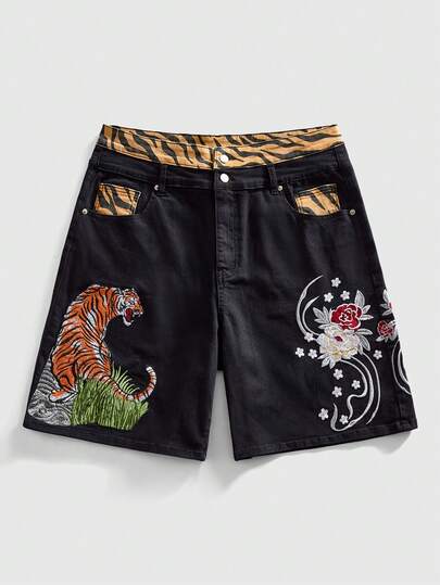 Street Life Pantalones cortos de mezclilla casuales y holgados con bordado de tigre en el bolsillo para hombres
