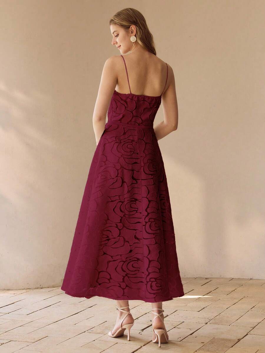 MOTF PREMIUM 法式优雅连衣裙，女士无肩带玫瑰花卉A字型喇叭裙摆礼服 - 酒紅色 - 查看 2