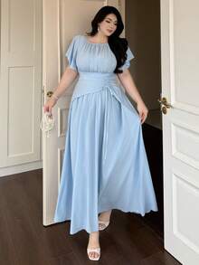 Vibekara 大码荷叶边喇叭袖系带腰身优雅复古可爱度假派对婚纱，浅蓝色 - 淺藍色 - 查看 4