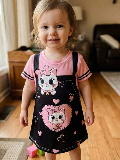 SHEIN Cute Pink Heart & Kitty Print, Baby Girl Casual Loose Cartoon Pattern Round Neck Short Sleeve Dress, Suitable For Summer