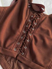 Comfortcana Débardeur corset style occidental à lacets et broderie, marron, convient pour le Nouvel An, Noël, Thanksgiving, top marron chocolat grande taille - Kaki - Voir 5