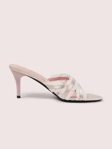 CUCCOO DOLLMOD Women's Elegant Lace Satin High Heel Slippers, Cute And Sweet Pink High Heel Sandals - Pink - View 3