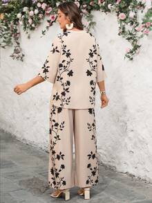 EMERY ROSE 大码印花衬衫和裤子两件套，休闲度假装 - 杏色 - 查看 4