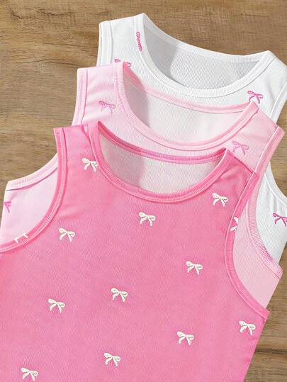 Sparklyn Holiday,Summer,Travel3pcs/Set Teen Girl Tank Top, Casual Elegant Vacation Countryside Outings, Buy 1 Get 3, 3pcs Pink, Spaghetti Strap Short Crop Top With Bow Embroidery Flower, Spring/Summer