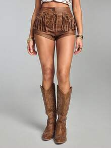 ROMWE Shorts cortos de piel sintética con flecos de cintura baja, estilo hippie chic, casual para vacaciones, festivales de música y fiestas - Amarillo - Ver 5