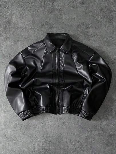 PAVTROS Men's Solid Color Simple Daily Jacket, Going Out Street Wear Black Long Sleeve Motorcycle Jacket, For Friends, Husband, Boyfriend Gifts, For Fall Winter