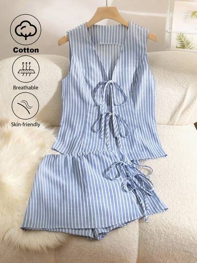 Franclia Women's Striped Front Tie Vest And Skirt Pants Casual 2-Piece Set