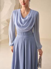 Modelyn 2pcs Blue Elegant Draped Neck Long Sleeve Outfit For Women Dress Modest Long Sleeve Elegant Dress - Blue - View 1