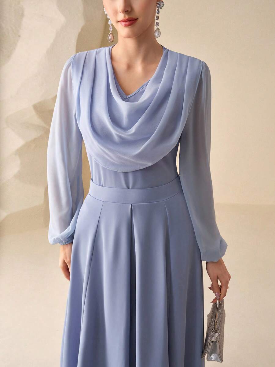 Modelyn 2pcs Blue Elegant Draped Neck Long Sleeve Outfit For Women Dress Modest Long Sleeve Elegant Dress - Blue - View 1