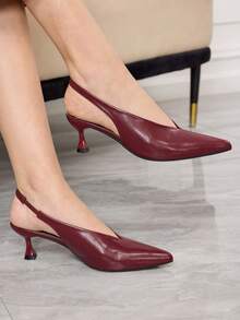 Sleekvia 女士尖头性感套脚酒红色PU后跟提拉带低帮春季鞋通勤细跟猫跟空心女鞋 - 酒紅色 - 查看 4