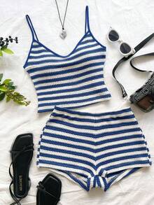 Resyla Women Striped Camisole And Shorts 2 Pieces Set - Blue and White - View 1