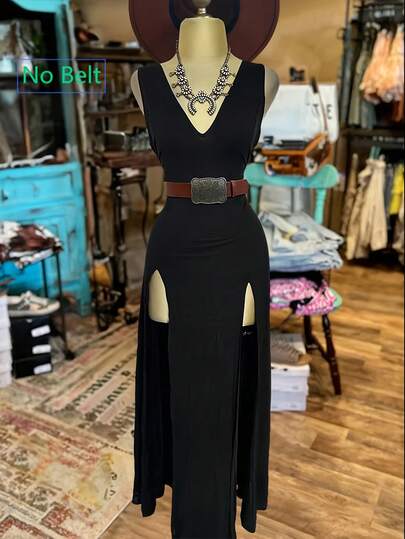 INAWLY Women's Fashionable Solid Color Deep V-Neck Sleeveless Long Dress