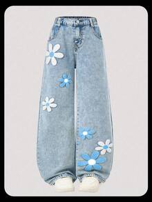 SHEIN ChillGRL Tween Girl Y2K Blue Denim Straight Leg Long Jeans With Daisy Flower Patches 70s Girls Sunflower Girls 70s Kids Girls Flower Embroidered Jeans Baggy Jeans Flower Jeans Young Girls Baggy Jeans Girls Wide Leg Jeans Baggy Floral Jeans Pants Embroidery - Blue - View 5