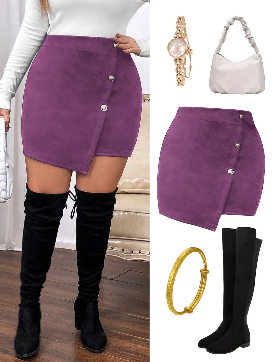 Vionelle Plus Size Elegant Dark Purple Autumn Everyday Commuter Solid Wrap Asymmetric Hem Fashionable Skirt - Red Violet - View 1