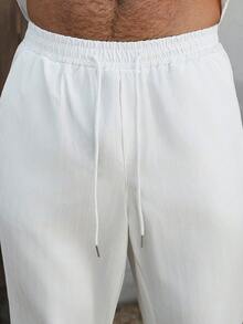 VENTUSAIL 男士纯色 Polo 领单排扣短袖衬衫上衣和裤子休闲日常套装男士全白沙滩裤套装亚麻男士步行套装男士两件套亚麻男士坎昆套装男士度假套装日常休闲、周末旅行、远足旅行、轻松的工作环境、男友/丈夫礼物、周年纪念/生日礼物派对夏季假期假日老钱、婚礼男士 - 白色 - 查看 5