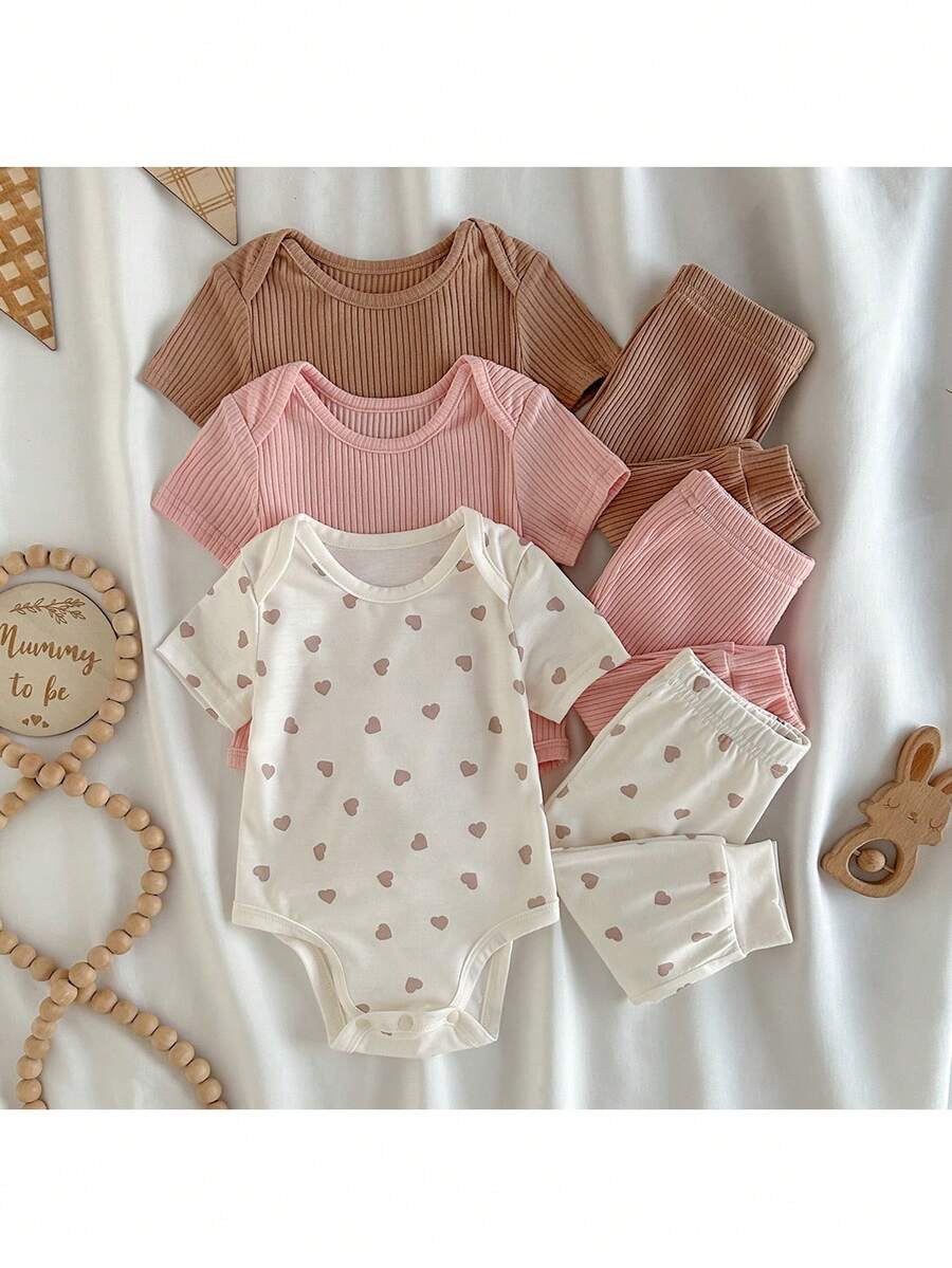 Loomiva 新生儿6件套，心形图案针织柔软圆领长袖连体衣和松紧腰裤 - 粉色 - 查看 1