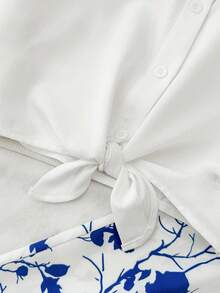SHEIN Set da 2 pezzi per ragazze adolescenti, composto da una camicia bianca basic con nodo davanti e un tuta con scollo a V e stampa tropicale floreale, adatto per primavera/estate, casual, vacanze, spiaggia, pranzi fuori, campagna - Blu e Bianco - Visualizzare 10