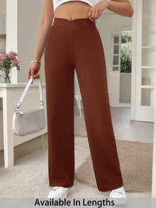 SHEIN PETITE CURVE 大码女式休闲优雅重叠腰部直筒裤 - 紅木色 - 查看 1