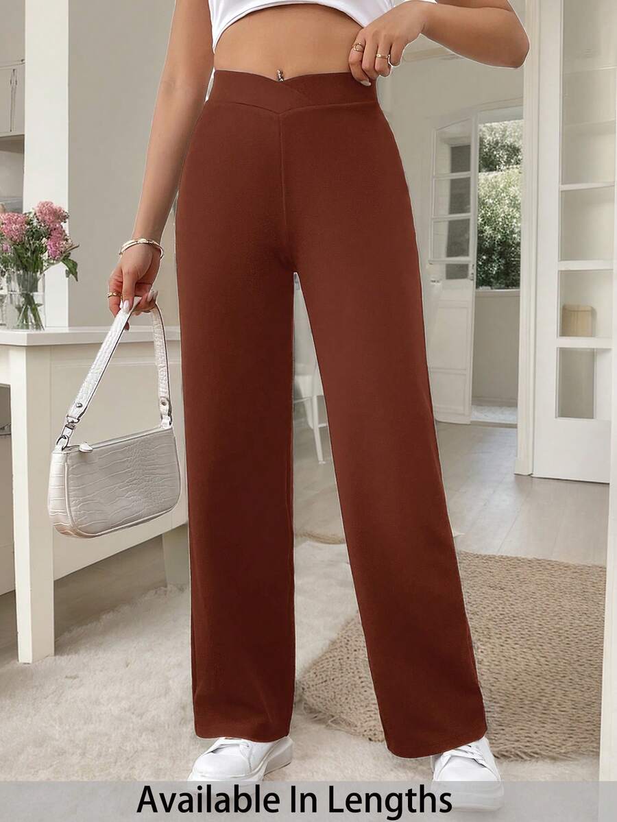 SHEIN PETITE CURVE 大码女式休闲优雅重叠腰部直筒裤 - 紅木色 - 查看 1