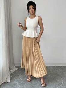 Elenzga Conjunto de 2 peças com Top de Gola Redonda, Cintura Marcada, Bainha com Babado + Saia Plissada de Cintura Elástica Longa, Cor Marrom Contrastante, Estilo Refinado, Fashion, Elegante - Ideal para Passeio de Verão, Encontro, Ano Novo, Dia dos Namorados, Páscoa, Dia das Mães, Festival de Música, Estilo do Oriente Médio, Casamento - Marrom Claro - Visão 3