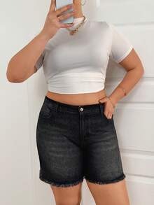 SHEIN Cottnline Plus Size Sommar Casual Tvättade Snittfickor Frayed Ned Denim Shorts - Mediumtvätt - Visa 7