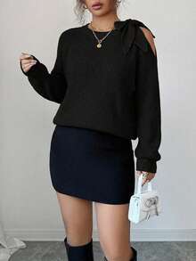 Suéter holgado de punto de unicolor con mangas raglán y lazos en los hombros, para otoño/invierno - Negro - Ver 3