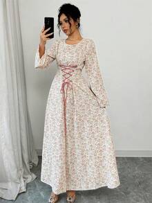 Yasmyna Women's Apricot Woven Floral Print Long Sleeve Tie-Waist A-Line Elegant Arabic Dress, Spring/Summer - Pink - View 6