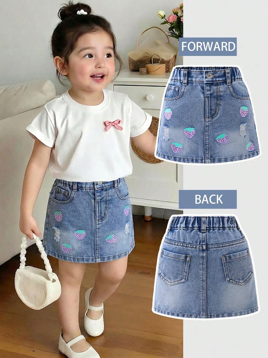 Young Girl Summer Casual Washed Strawberry Print Denim Mini Skirt - Light Wash - View 1